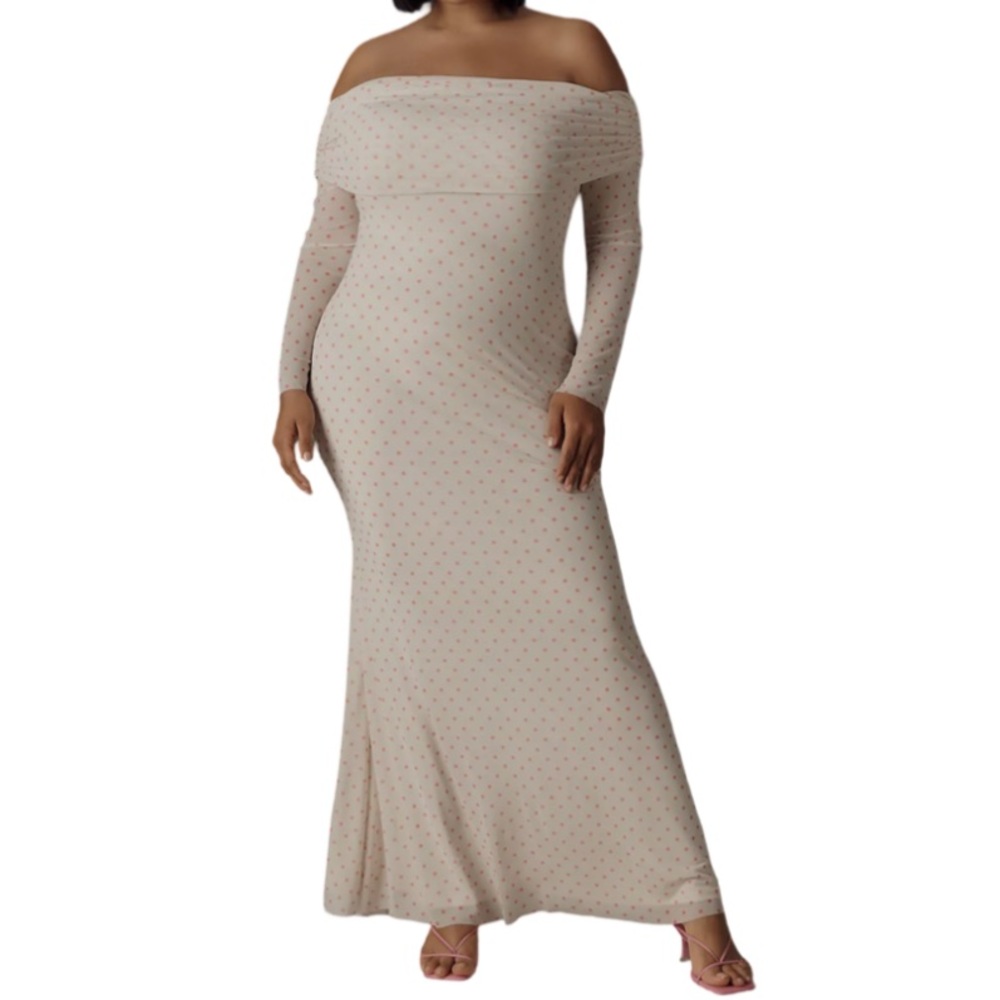 AFRM Long-Sleeve Off-The-Shoulder Mesh Maxi Dress - Coral Micro Dot 2X